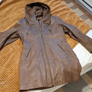 Danier Women's Maxi Leather Jacket with Hood & Stud Details (Size L)